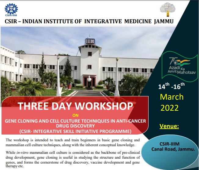 CSIRIIIM is holding a Three day on Gene Cloning and Cell Culture Techniques in Anti