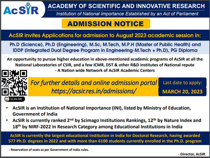 AcSIR invites Applications for admission to August 2023 academic ...